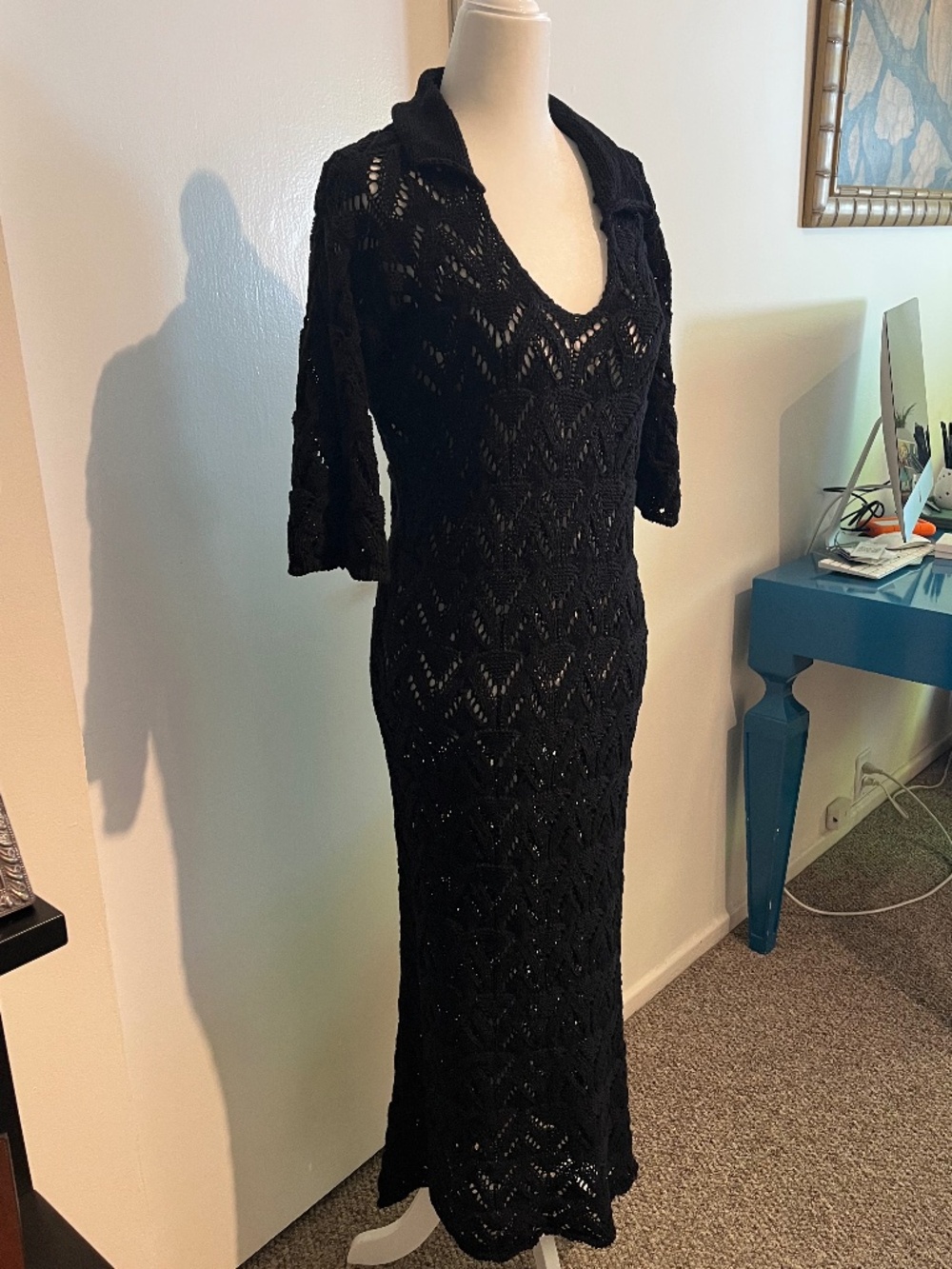 Black Crochet Dress with Collar by Velvet